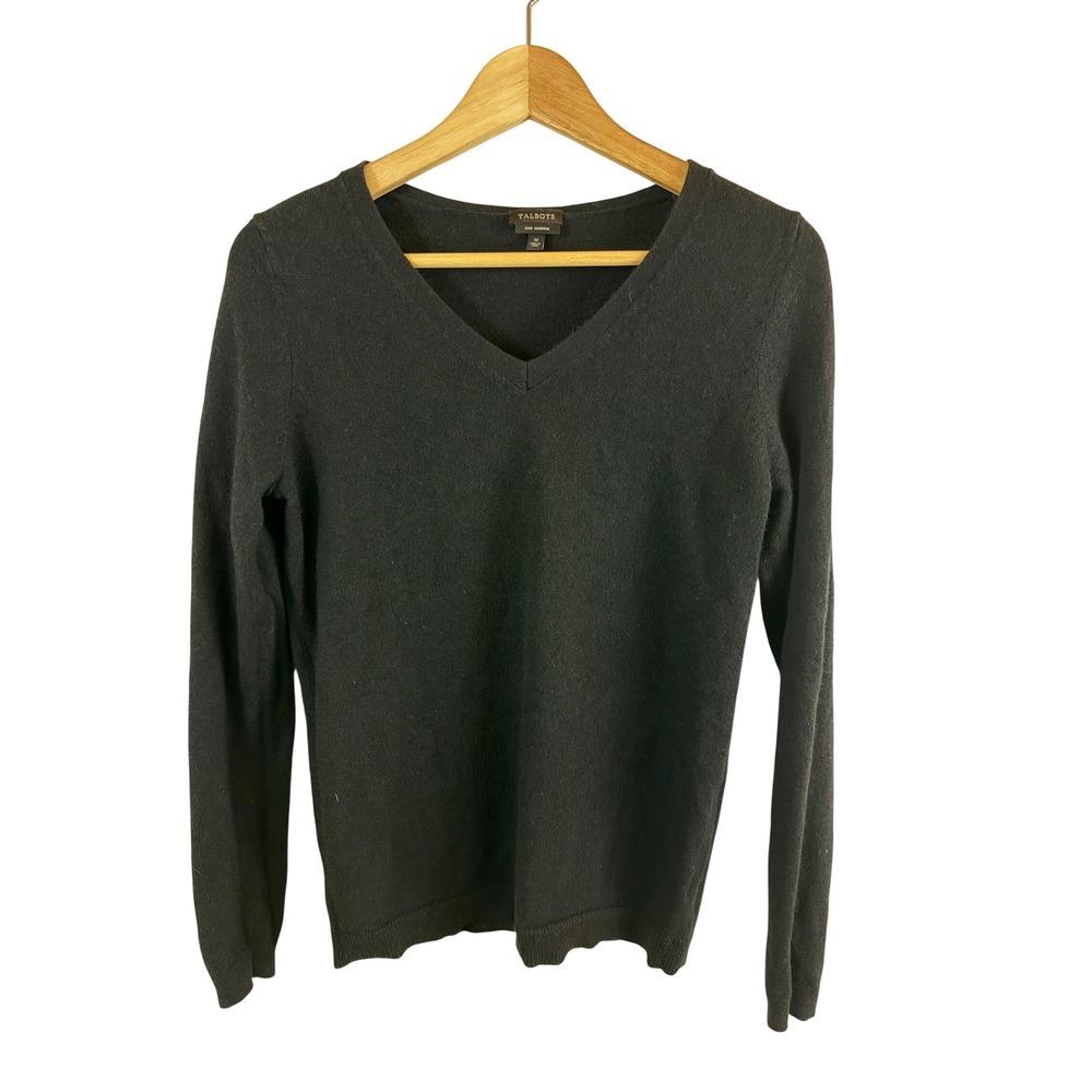 Talbots Pure Cashmere V-Neck Sweater Women M Black Long Sleeve Soft Classic